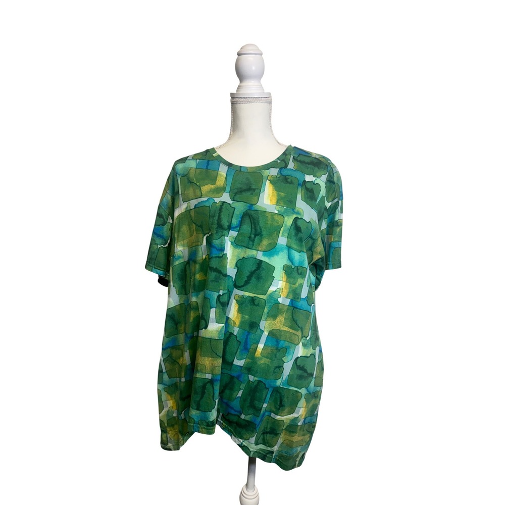 LOGO Women's Green and Blue Square Patterned Short Sleeve Blouse Size Large
